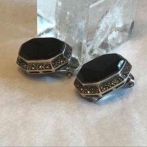 Marcasite Black Onyx Sterling Silver Clip Earrings